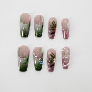 24Pc Green Floral Press On Nails, 3D Flowers, & Pearls Accents, Nature